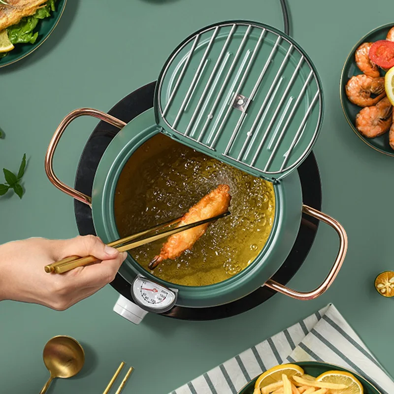 

Kitchen Gadgets Fryer with Lid and Thermometer Home Mini Induction Cooker Gas Fryer Japanese Style Small Oil Pan
