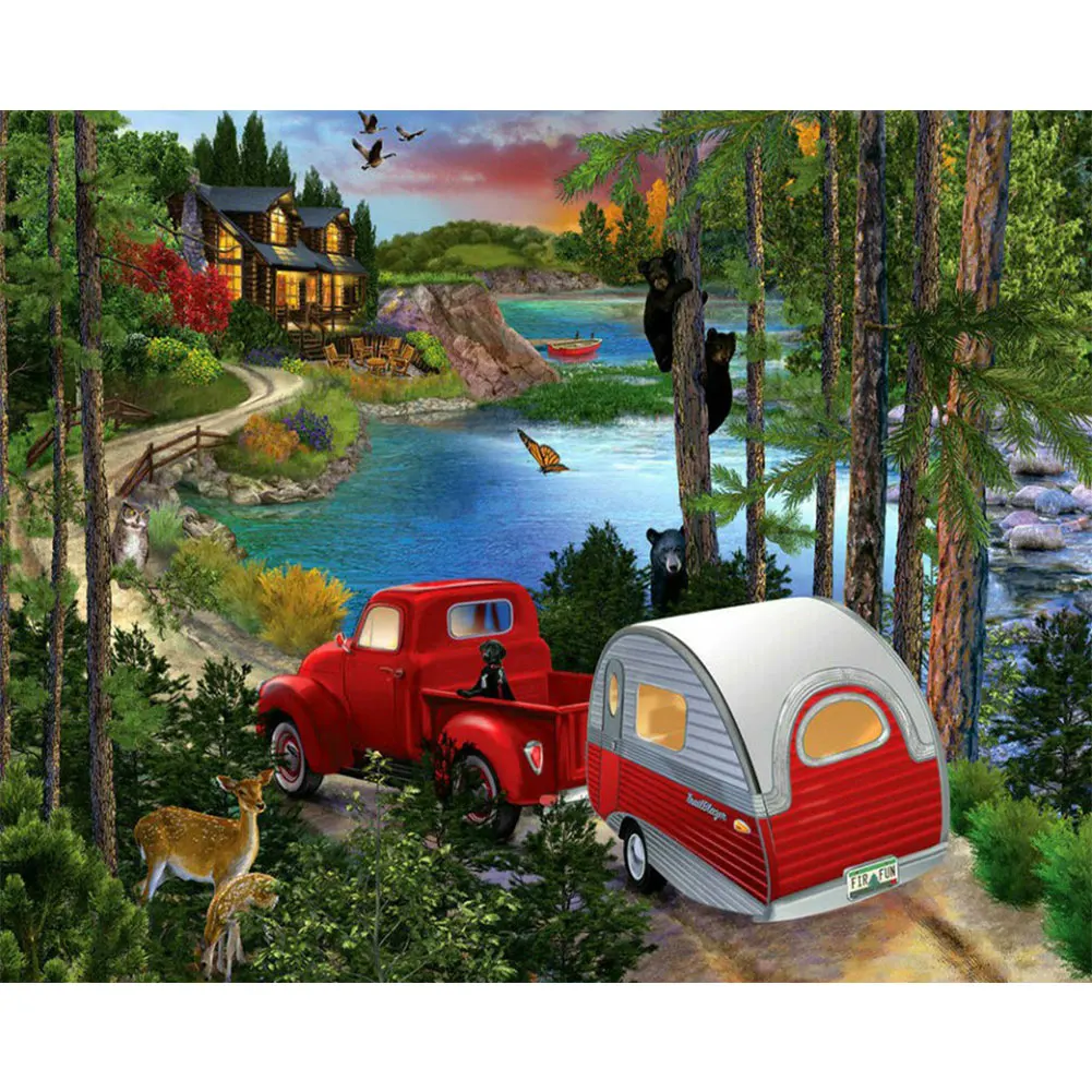 

5D DIY наборы для алмазной живописи Forest House маленькая красная машина Круглая Мозаика Искусство Картина Стразы вышивка домашний декор