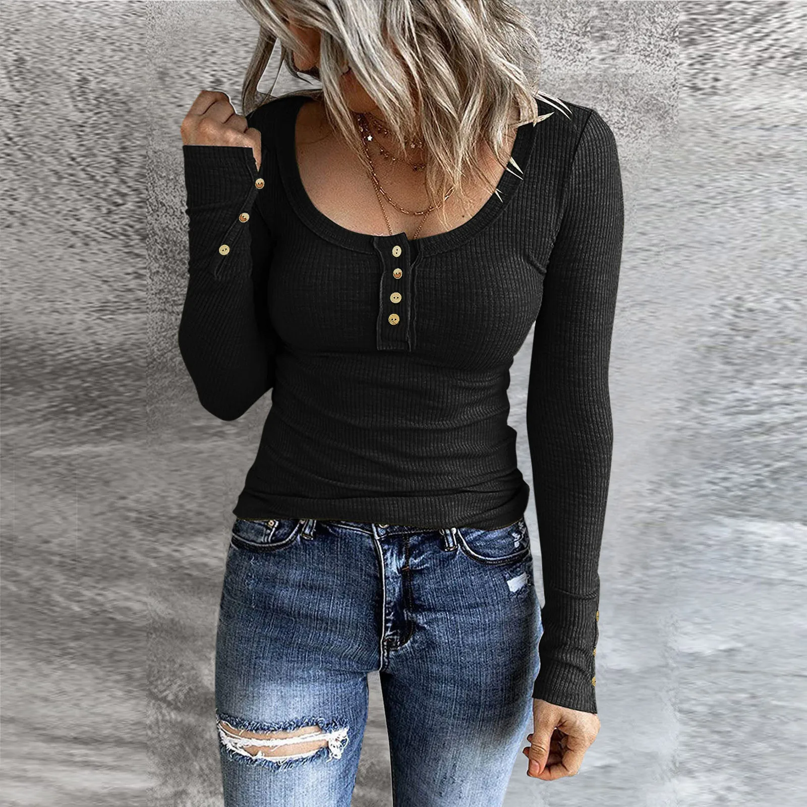 

Women Long Sleeve Button Down T Shirts Slim Fit Henley Shirts Female Tops Scoop Neck Ribbed Knit Shirts Harajuku Bottoming Shirt