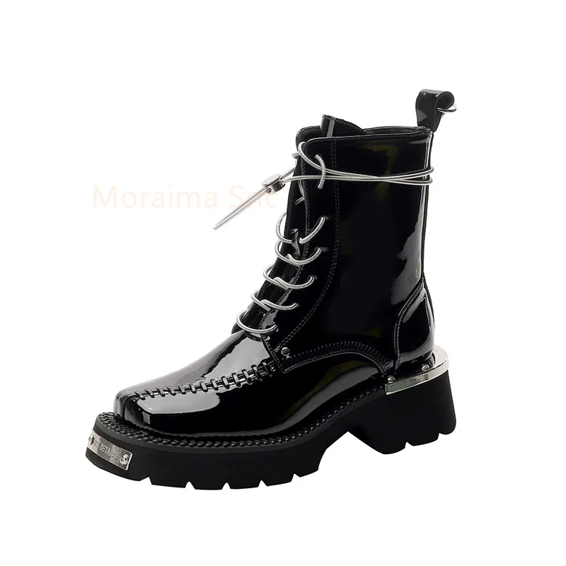 Metal Decorative Square Head Ankle Boots Women Lace Up Short Boots British Style Fashion Lady Shoes Height Increasing Botas
