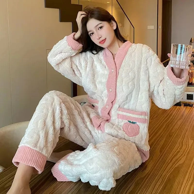 2 pieces Thick Coral Winter Warm Flannel Women Pyjamas Sets Long Sleeve Sleepwear Flannel Pajamas Set  pyjamas sets