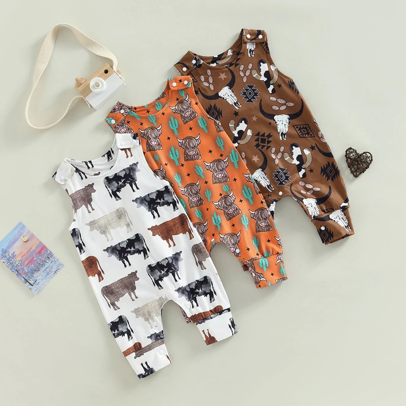 

Summer Baby Clothing Boys Cartoon Cattle Cactus Print Sleeveless Button O-neck Rompers Jumpsuits Long Pants Overalls