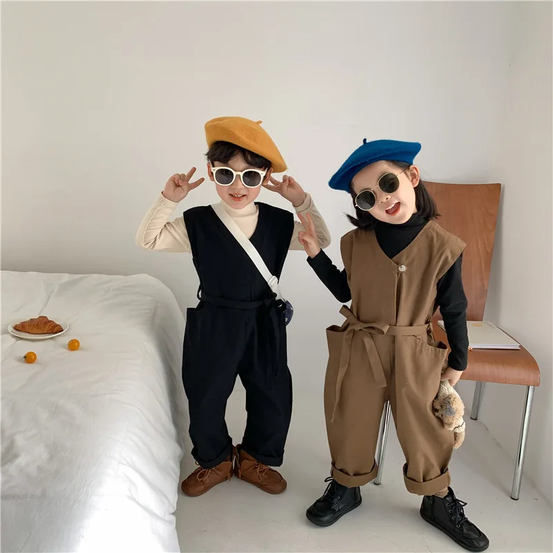 

Korean Girls Solid Children's And Casual Frenulum Simple 2021 Boys Autumn Cotton Pockets Color New Jumpsuits Jumpsuit Cool