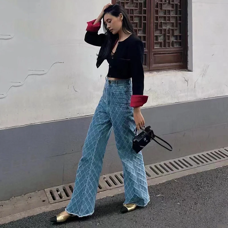 

2022 early autumn new temperament commuter wash water do old plaid jacquard wide leg pants high waist blue denim trousers women