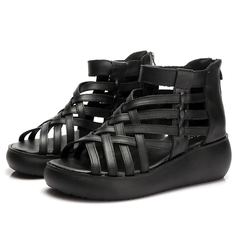 

Classic Retro High-Heeled Cowhide Sandals New Summer Thick-Soled 2022 Flat Shoes Casual Fish Mouth Wedge Slides Female Shoes