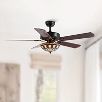Retro Fandelier with Remote Reversible Black Wood Blades Tiffany Crystal Ceiling Fan Light for Dining Bedroom Living Room