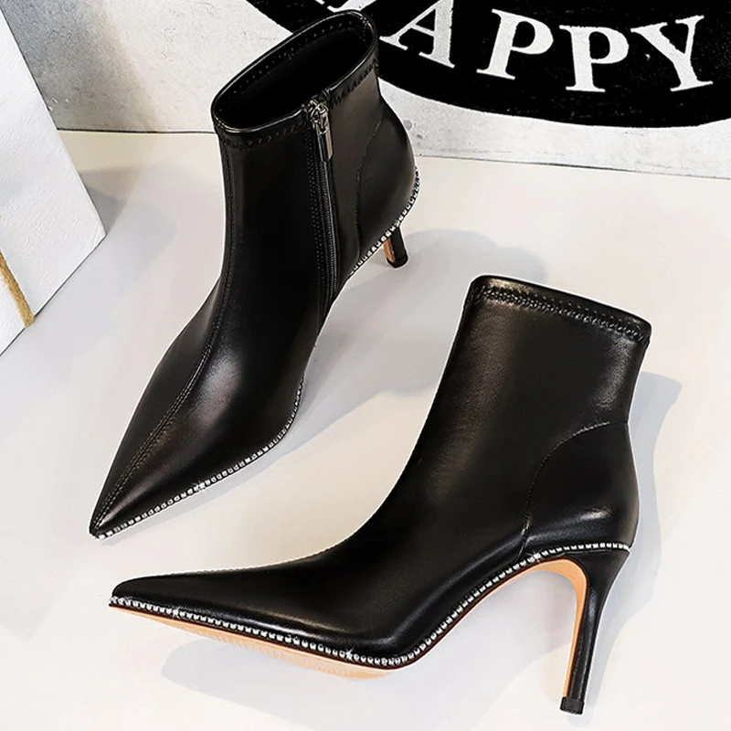 

BIGTREE Shoes Rhinestones Women Boots Side Zipper Leather Boots Sexy Stiletto High-heel Boots Plus Size Women's Ankle Boots 2023