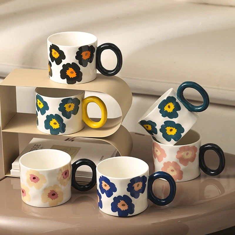 

400ml Ring Handle Mug Ceramic Flower Milk Coffee Cup Office Home Drinkware Microwave Oven Oats Couple Handgrip Cups