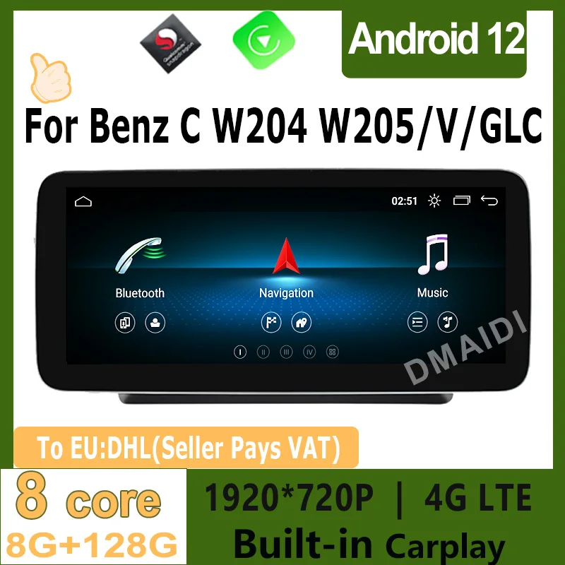 

Android 12 8G+128G GPS Navigation Screen Carplay Car Multimedia Player For Mercedes Benz C Class W204 w205 V Class W638