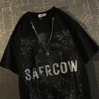 skull necklace short sleeve t shirt mens cotton ins loose street style hiphop dark y2k tops grunge gothic punk clothes shirt