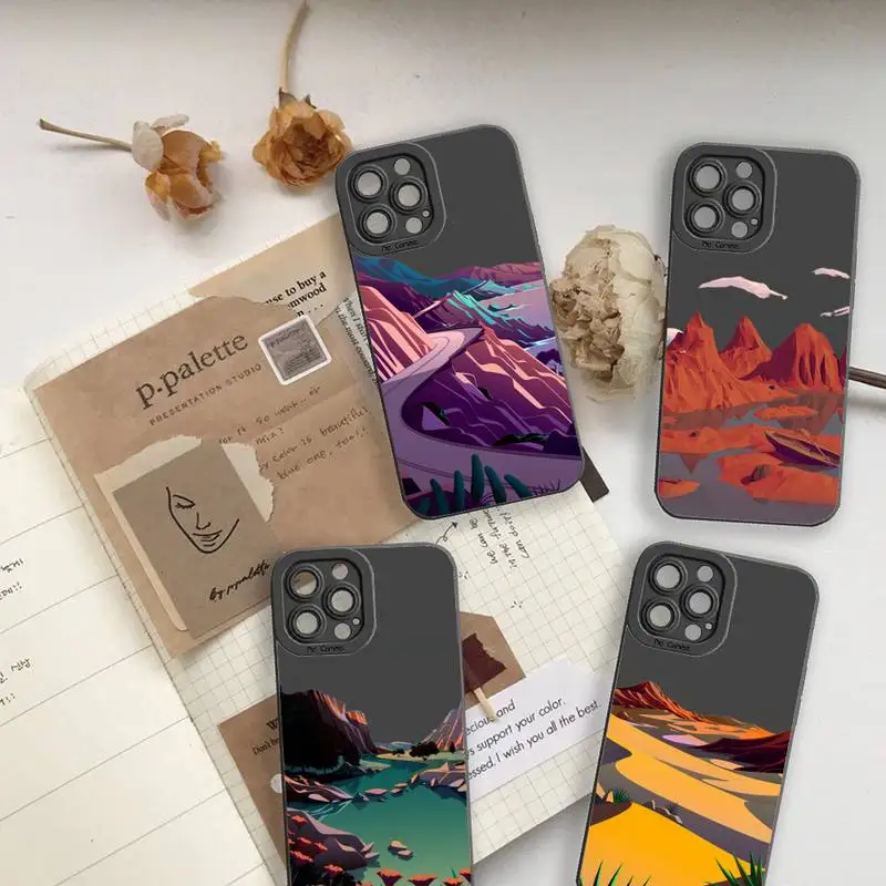 

Beach mountain sunset hand drawn landscape Phone Case For iPhone 13 12 11 Pro MAX Mini X XS XR 7 8 Plus Liquid Silicone
