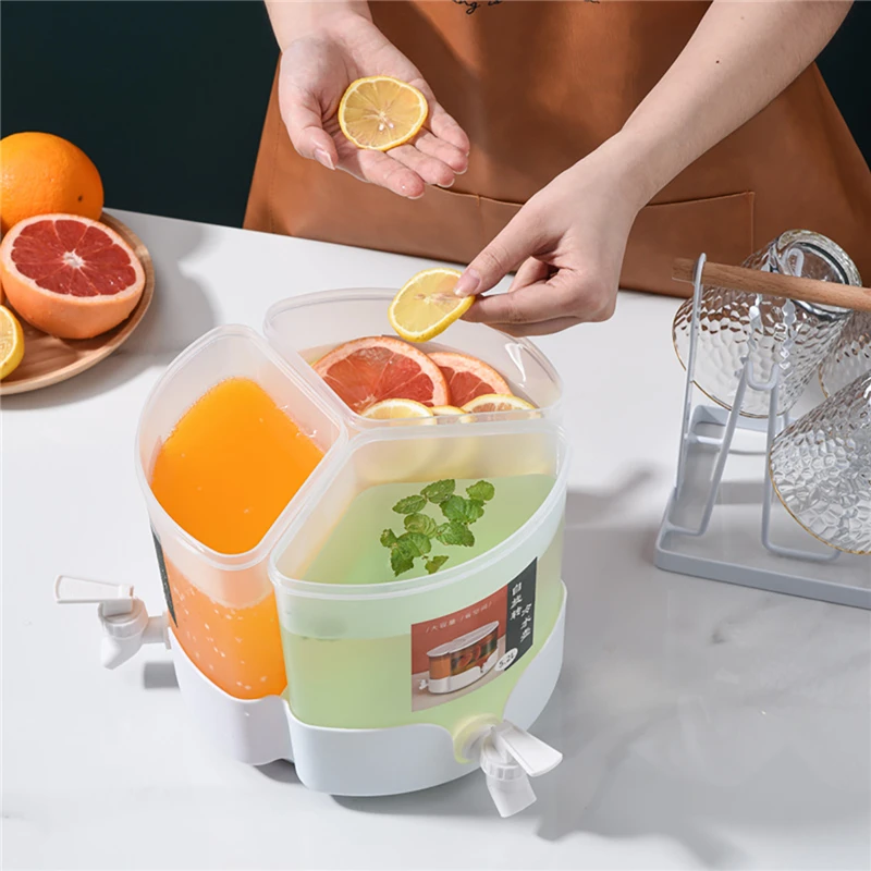 

5.2L 3Grids Rotatable Cold Kettle with Faucet Summer Cold Water Bucket Lemon Fruit Teapot Juice Jug Detachable Turntable Base