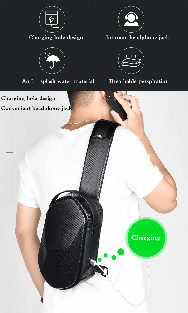 EVA carbon fiber fashion multifunctional usb messenger shoulder bag men waterproof travel sling messenger bag chest bag men