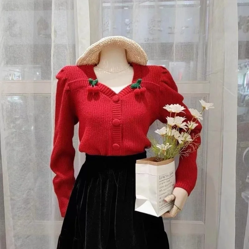 

French Knitted Cardigan Sweater Coat Stereo Cherry Top Spring 2022 Long Sleeve Solid Casual Cardigan Sweater Female Clothing