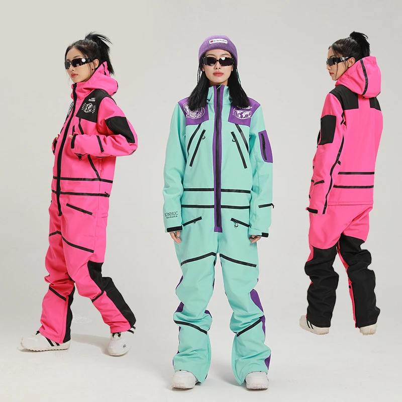 2023 Women One Piece Ski Suit Snowsuit Sport Women Ski Set Waterproof Hooded Woman Snowboard Jumpsuit Mountain Clothes Overall