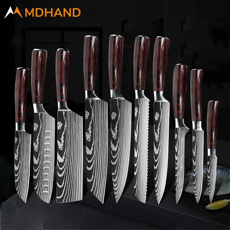 

High Quality 440C German Kitchen Knife Damascus Laser Pattern Utility Chef Knife Santoku Cleaver Slicing Knife Best Kitchen Tool
