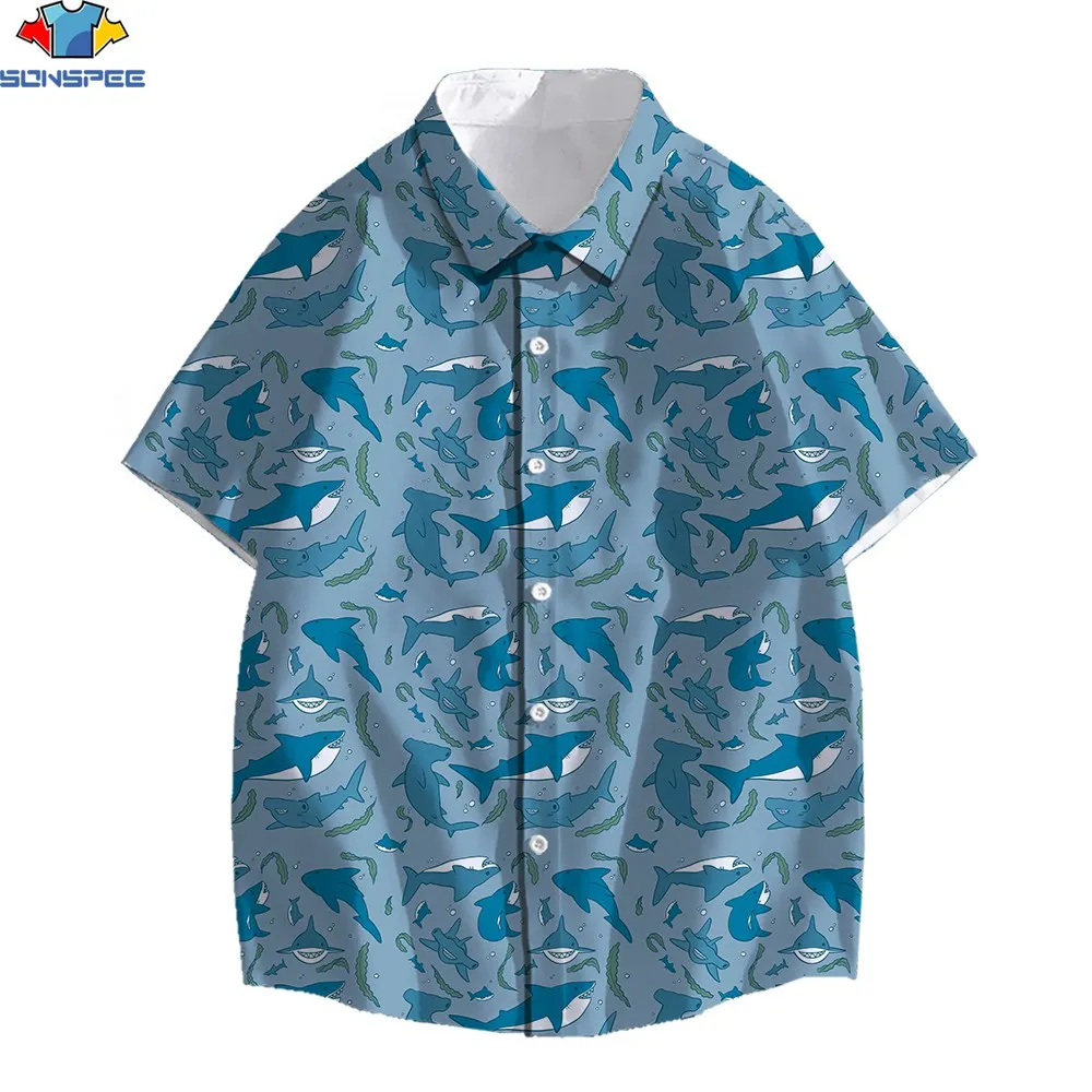 SONSPEE 3D Print Summer Men's Hawaiian Shirt Fishing Fisherman Ocean Cartoon Shark Whale Harajuku Beach Vacation Trend Shirt Top