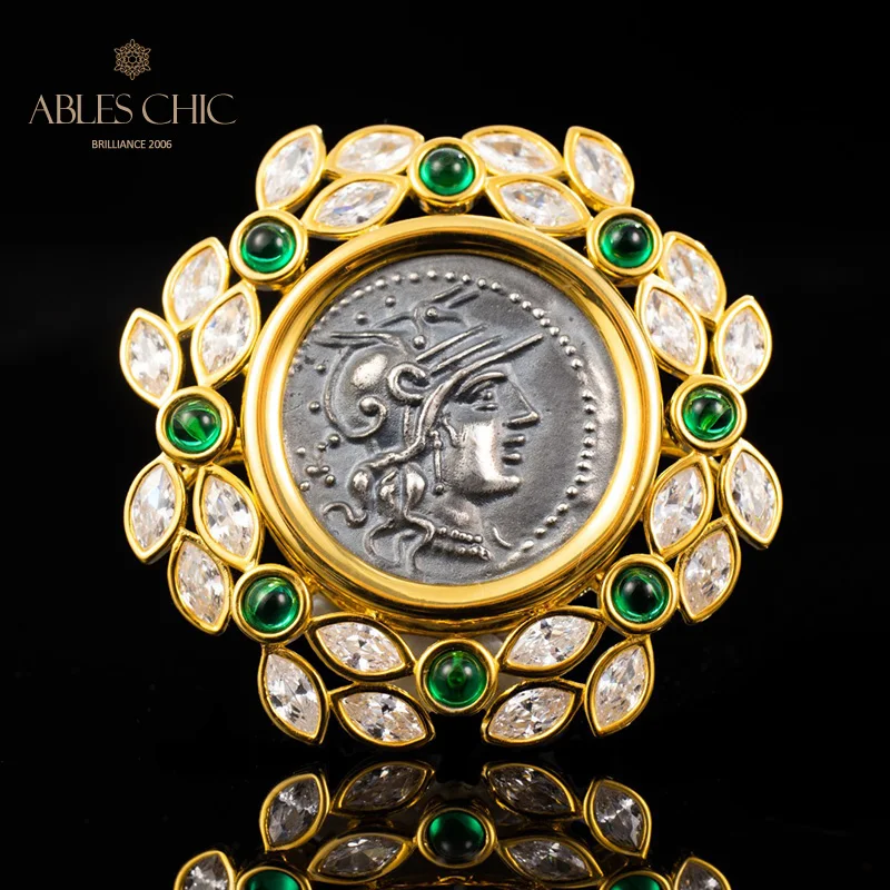 925 Solid Silver Roman Coin Emerald Zircon Garland Pendant 18K Gold Tone Byzantine Medallion Necklace C11N3S26177