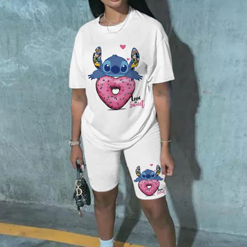 

2022 Y2k New Disney Lilo Stitch Print Spring Summer Women 2 Pieces Set Clothes Short Sleeve T-shirts And High Waist Biker Shorts
