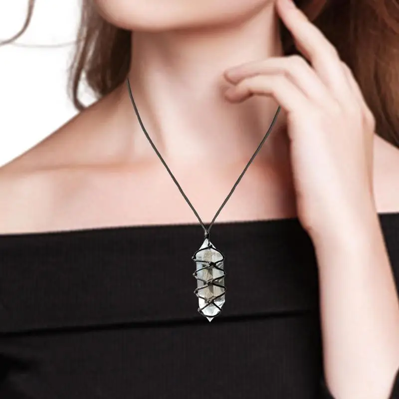 

Креативный кварцевый кулон с двойным наконечником, подвеска из камня, ожерелье из белого искусственного кристалла с веревкой ручной работы