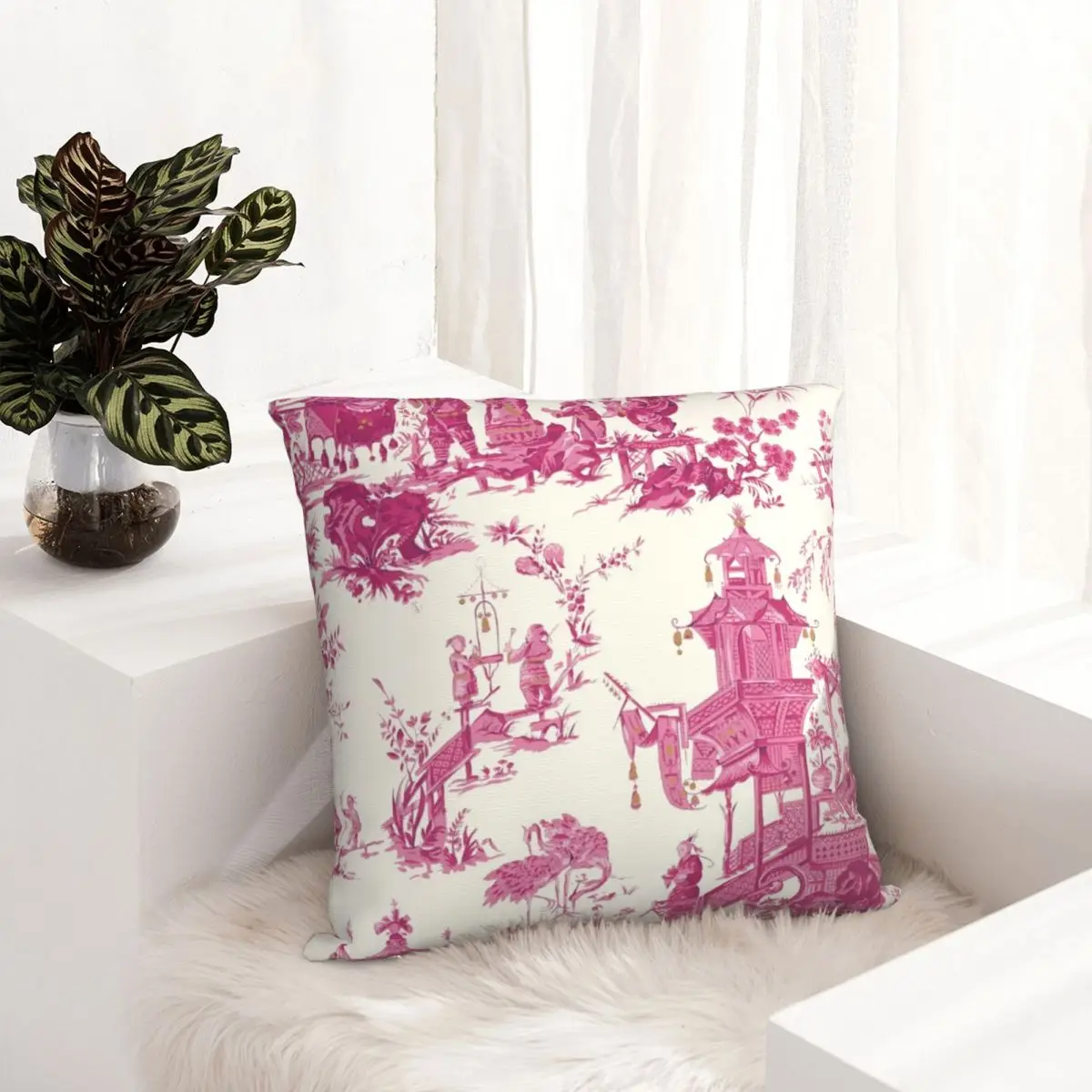 

Toile De Jouy Pink Chinoiserie Tea House Pagoda Pillowcase Porcelain Dakimakura Pillow Case Decor Cushions Cover Home Sofa Bed