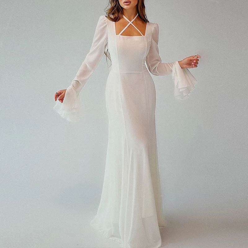 Женское элегантное шифоновое платье с квадратным вырезом и завязками