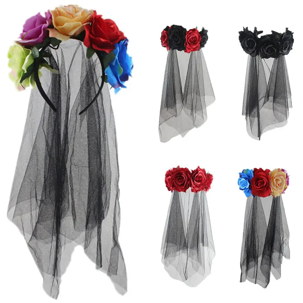 

Fashion Ladies Girls Day of the Dead Red Rose Flowers Halloween Hat Headband Floral Headdress Halloween Hair Band