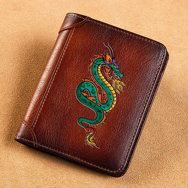 High Quality Genuine Leather Men Wallets Green Dragon Short Card Holder Purse Luxury Brand Male Wallet