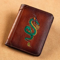 high quality genuine leather men wallets green dragon short card holder purse luxury brand male wallet