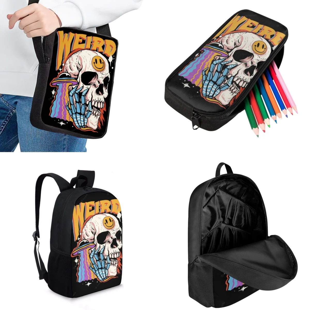 Jackherelook Fashion Skull Word Art School Bag 3pcs for Students Kids Travel Backpack Practical School Book Bags Boys Girls