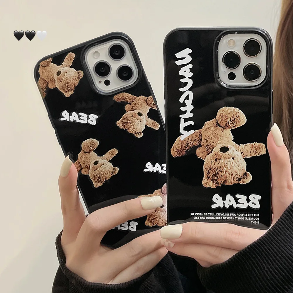 

Anti falling Tide Brand Teddy Bear Suitable for iPhone 11 Apple 13pro max Phone Case Black Glossy 12pro Silicone 8p Cover 14/X/7