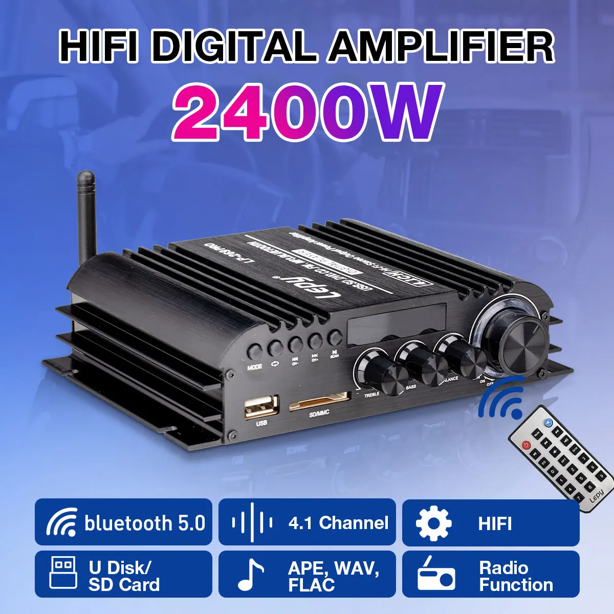 

Усилитель мощности, 2400 Вт, 4,1 каналов, 12 В, bluetooth