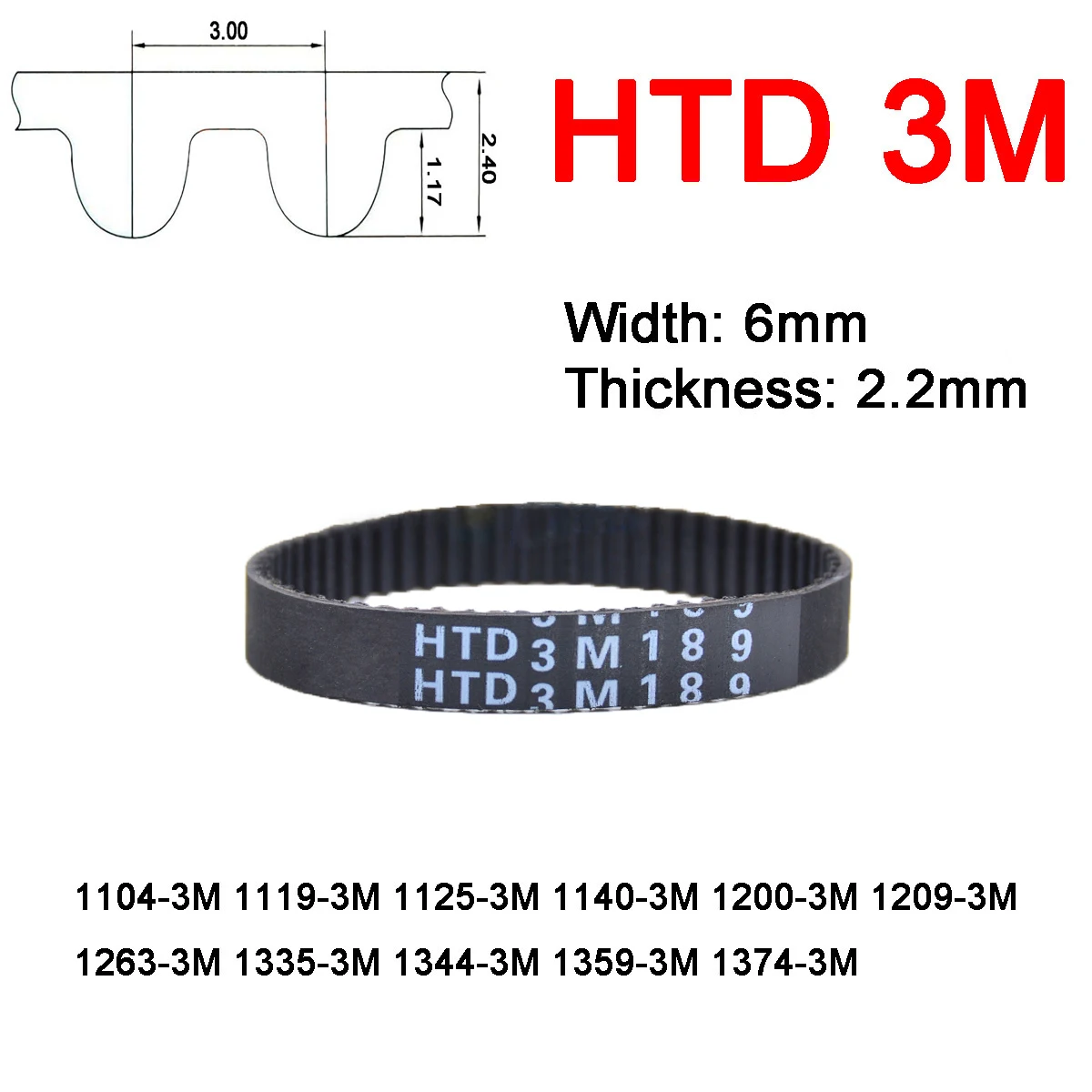 1Pc Width 6mm 3M Rubber Arc Tooth Timing Belt Pitch Length 1104 1119 1125 1140 1200 1209 1263 1335 1344 1359 1374mm Drive Belt