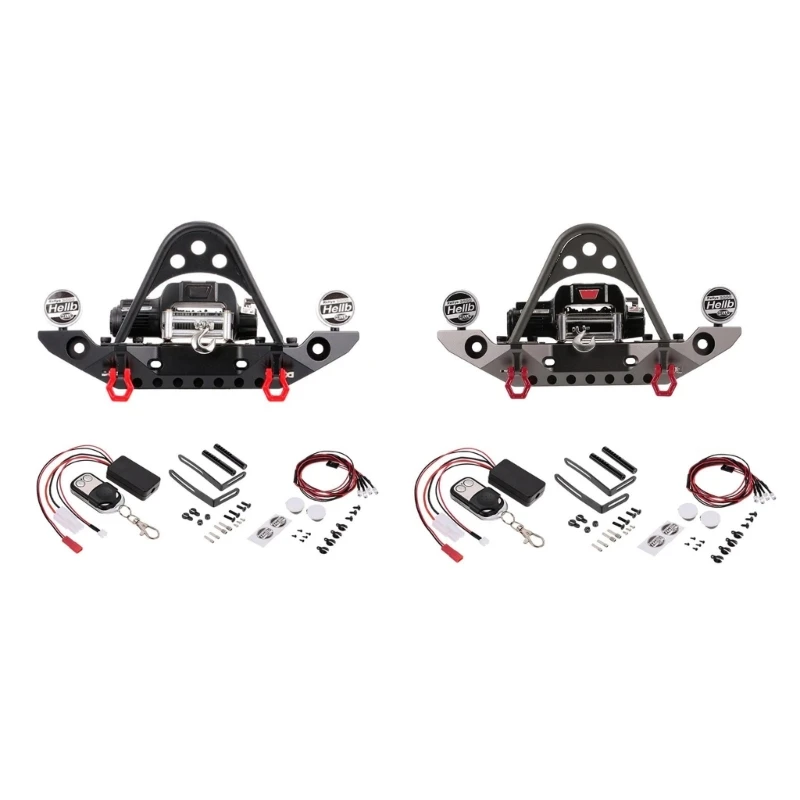 

RC Front Bumper with Winch, Lights, Hooks for 1:10 Climbing Crawlers Car Metal Parts Easy to Install Fine DropShipping