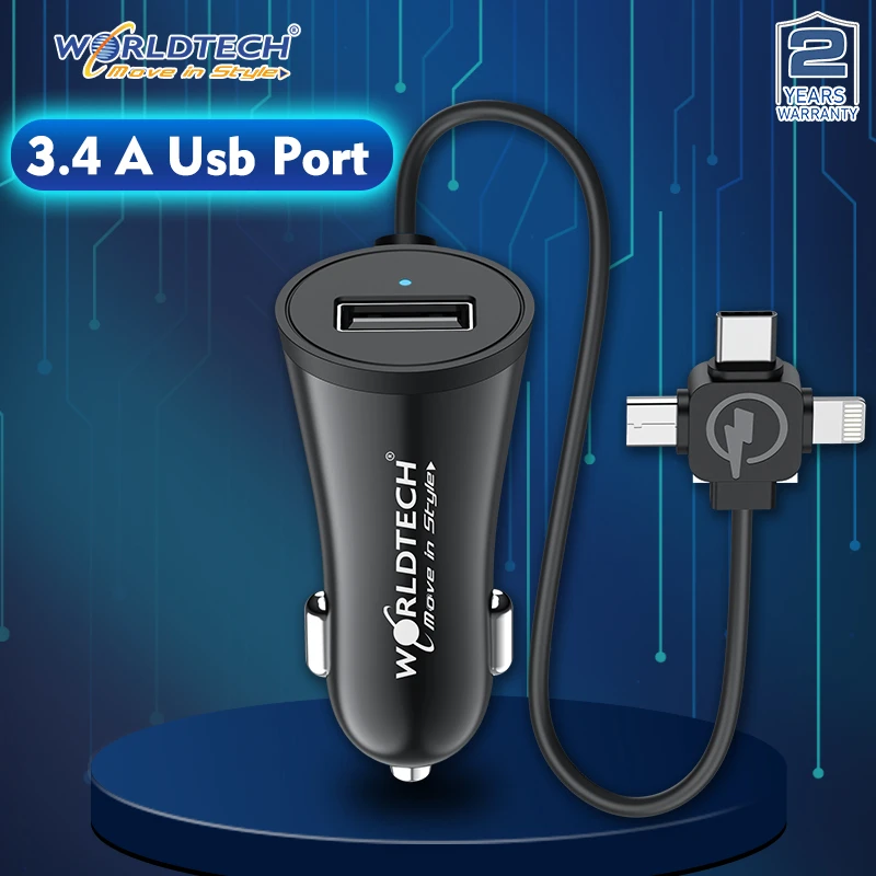 

Worldtech Fast car Charger 3.4A 3 in Charging Cable Automobile USB Cable for charging