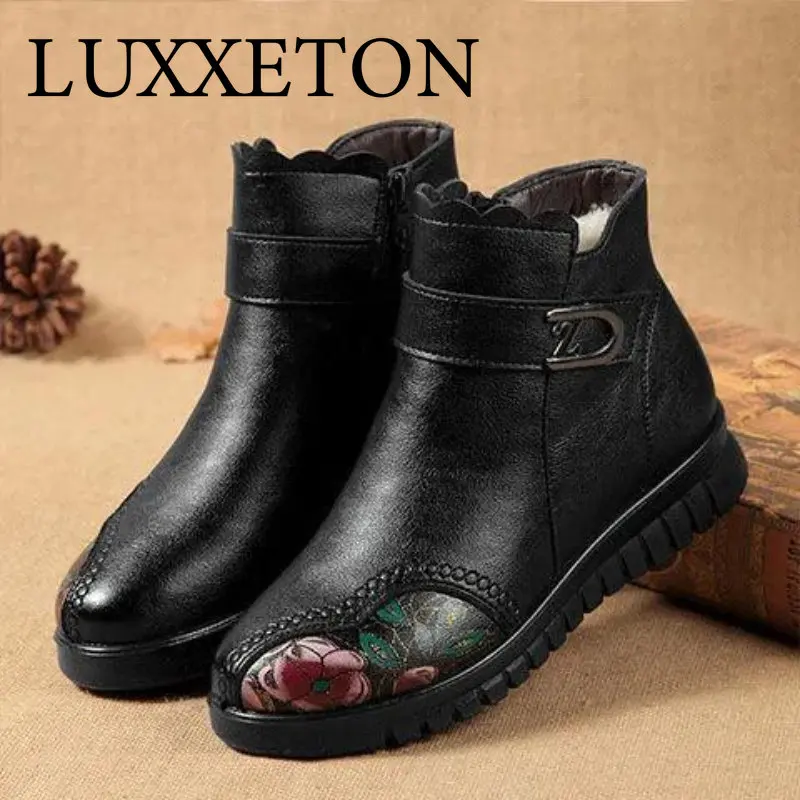 

Soft Bottom Warm Women Shoes Plus Velvet Non-slip Flat Leather Snow Boots Short Outdoor Cotton Winter
