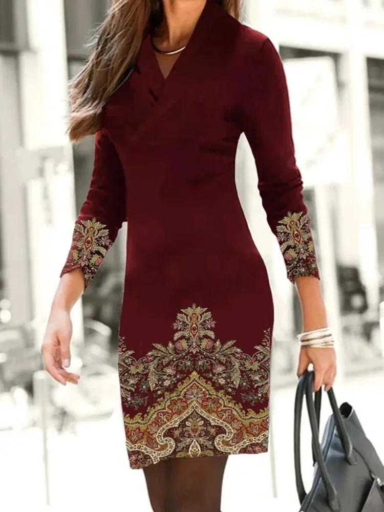 

Женское мини-платье с V-образным вырезом и длинным рукавом