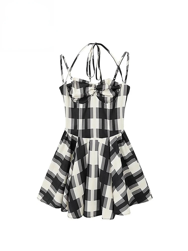 

Summer New Women Classic Contrast Color Plaid Design Mini Halter One-Piece Pleated Tie Up Female Party Prom Dress 2023 Fashion