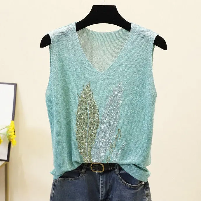

2022 New Rhinestone korean Summer knit Tank Top for Women Sleeveless Knit vest Top White Black Women's loose Camisole tops Green