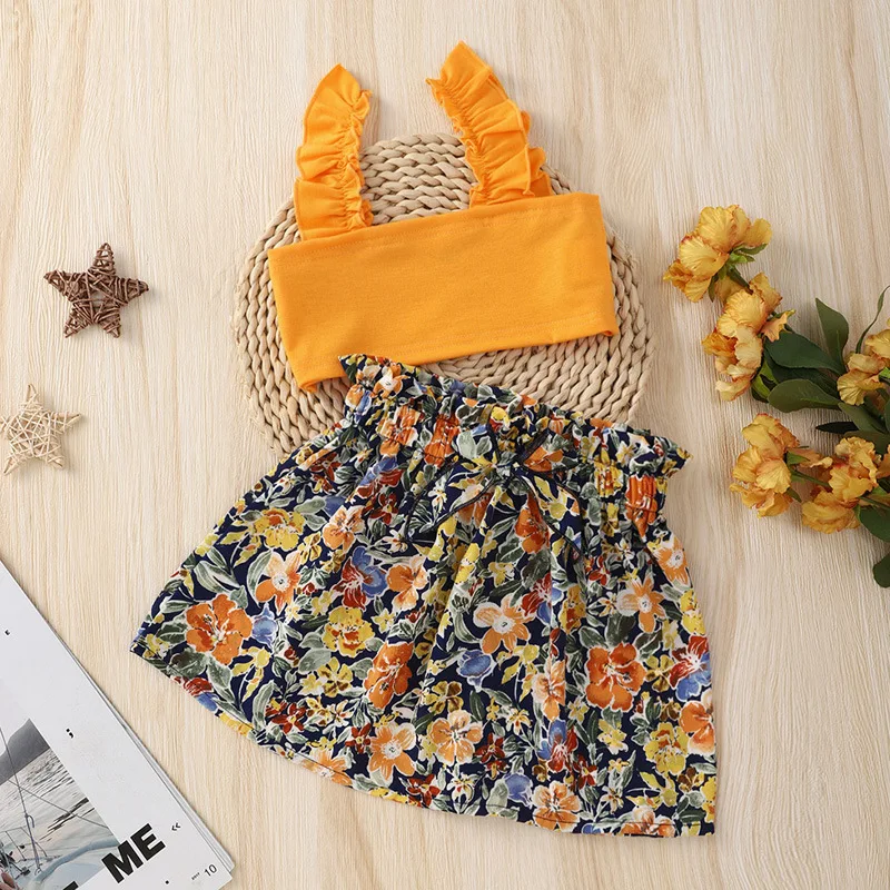 

2022 Summer Children Sets Sleeveless Yellow Tops Floral Bow Multi Skirt 2Pcs Roupa Infantil Menina Clothes Sets 1-8T