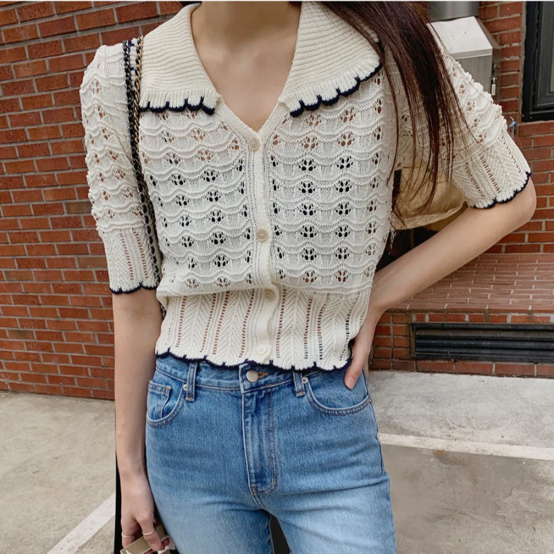 

Женский вязаный свитер с воротником-Поло, Белый кардиган на пуговицах с вырезами и коротким рукавом, повседневные мешковатые Топы в Корейск...