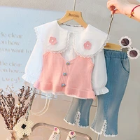 lzh 2022 autumn small flower sling set for 1 4 years baby girl clothes cute long sleeve 3pcs outfits for newborn kids clothing
