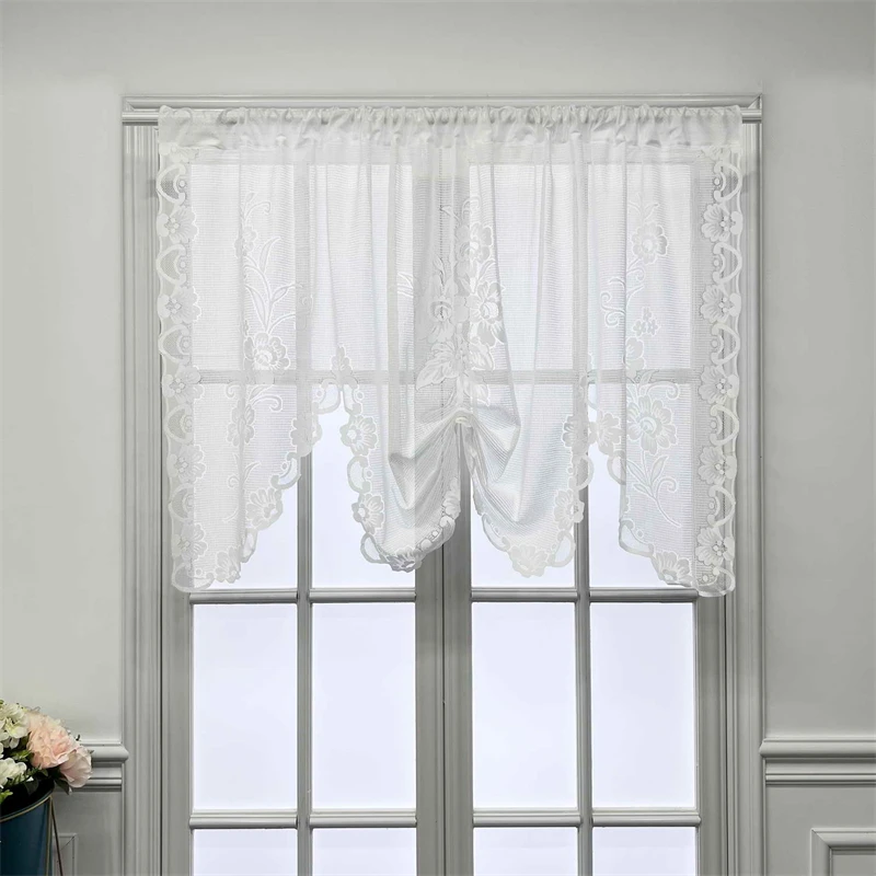 

American White Floral Embroidery Lace Pull Curtains Roman Lifting Sheer Voile Drapes Door Bay Window Kitchen Tulle Curtains