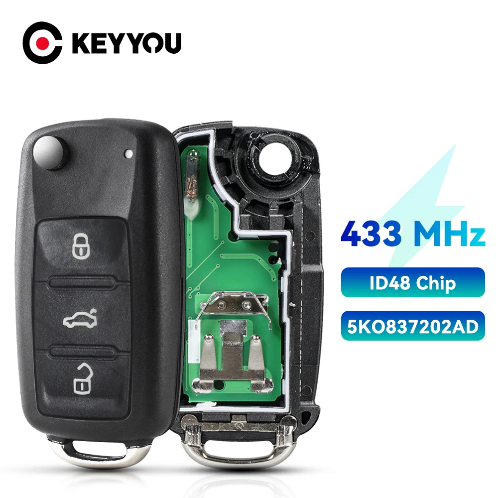 KEYYOU-llave remota de 434MHz para coche, dispositivo con Chip ID48 para VW, Volkswagen, Beetle, Caddy, Eos, Golf, Jetta, Polo, Scirocco, Tiguan, Touran, 5K0837202AD