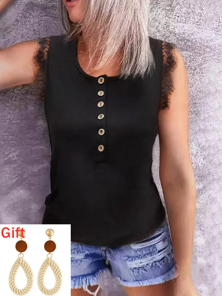 

Summer Sleeveless T-Shirts Women Lace Splicing Button Tank Tops Casual Patchwork Top Streetwear Shirt Tee Gift Pair Of Earrings