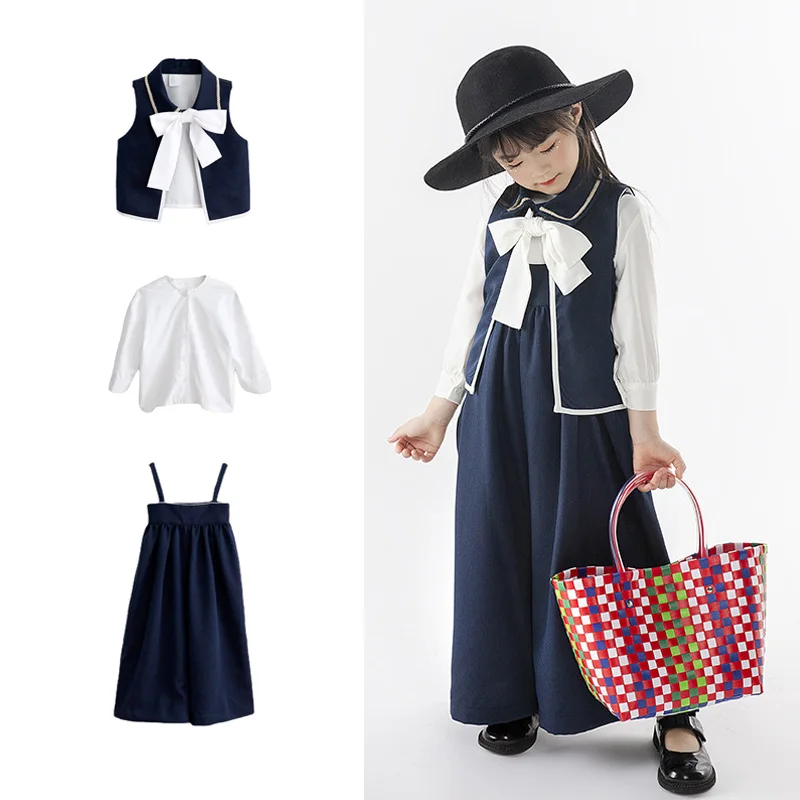 

2022 Spring Girls Braces Skirt Shirt Lace Vest Sets for Young Girls Fashion Black White Set for Student Girls School
