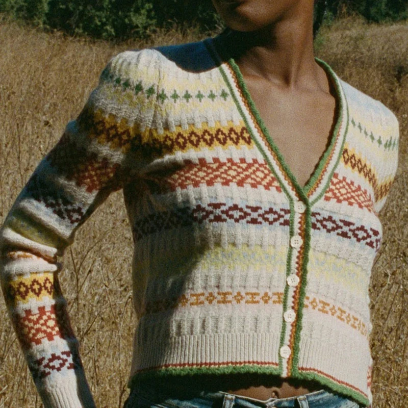 

Women Color Contrast Striped Jacquard Knitted Cardigan Ladies Sweet Single-breasted Long-sleeved V-neck Sweater Knitwear