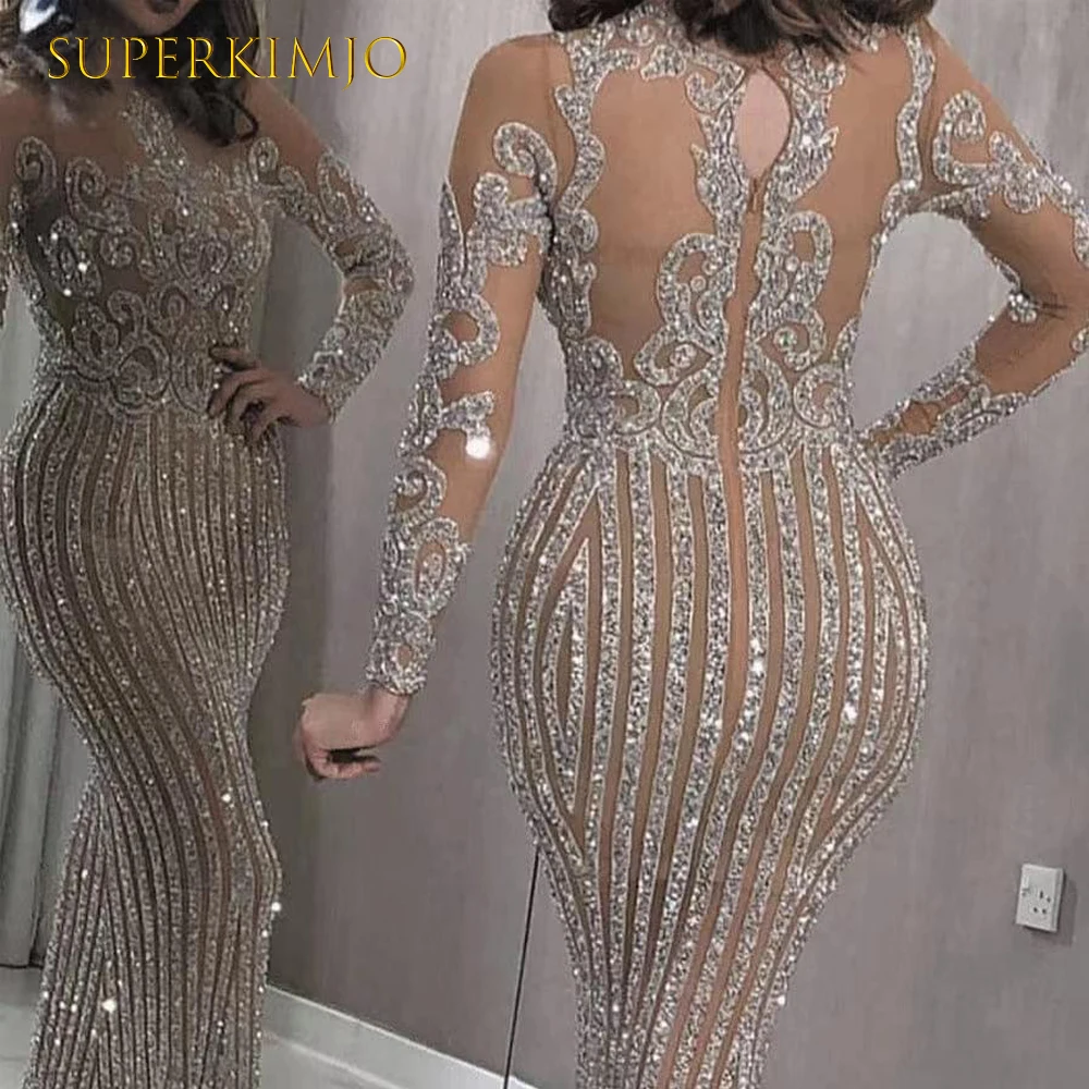 

SuperKimJo Sparkly Evening Dresses Vestidos De Fiesta Mermaid Long Sleeve Silver Glitter Formal Dresses Robe De Soiree Femme