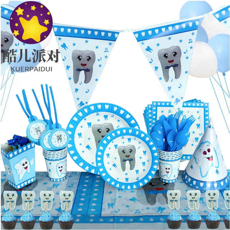 

Blue Teeth Theme Disposable Tableware Boy's First Tooth Birthday Party Decorations Disposable Plates Napkins Cups Banners