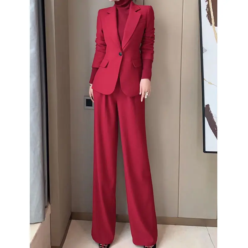 2022 Spring Autumn Casual Women Single Button Blazers and Wide Leg Trousers Female Office Ladies Solid Slim Two Pieces Set F01